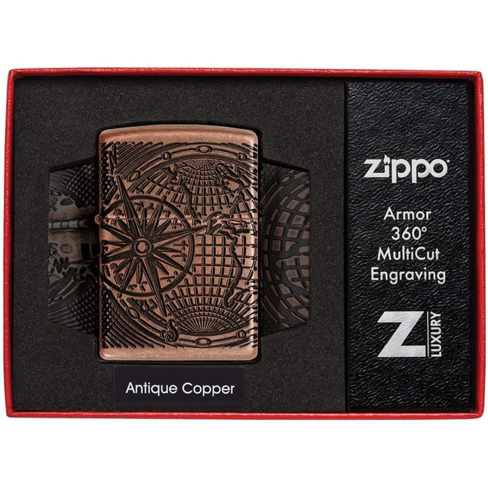 Zippo 29853 – World Map, Antique Copper – Gasoline Windproof Lighter, Refillable, in a High-Quality Gift Box