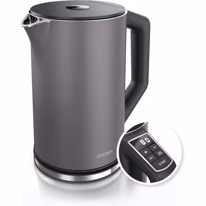 Arendo - Stainless Steel Kettle with Temperature Setting 40-100 Degrees in 5 Degree Increments - Double-Walled Design - Model ELEGANT - 1.5 Liter - 2200 W - Tea Kettle with Temperature Display - GS - Black (D: Volcanic Grey)