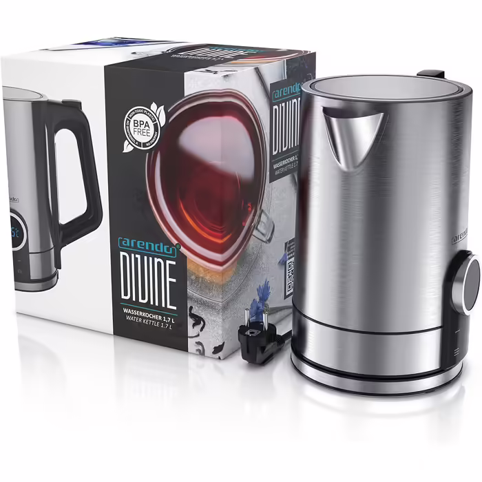 Arendo - Stainless Steel Kettle with Temperature Setting 40-100 Degrees - LED Display - Model DIVINE - 1.7 Liter - 2200 W - Tea Kettle with Temperature Indicator - GS