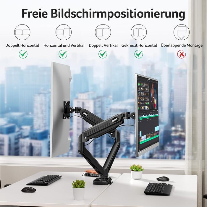 Кронштейн для двох моніторів Acer Dual-Monitor Arm, газліфт для екранів 17-32 дюймів, навантаження 2-9 кг, VESA 75/100 мм, з кабельний-менеджментом