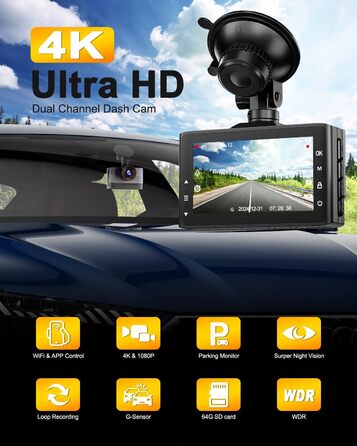 Відеореєстратор Auto Dashcam 4K+1080P з Wi-Fi, 64GB, IPS 3' екраном, Нічне бачення, G-сенсор, Loop-запис, 170°+140° Кут огляду, Паркінг 24/7, Керування через App, Підтримка до 256GB