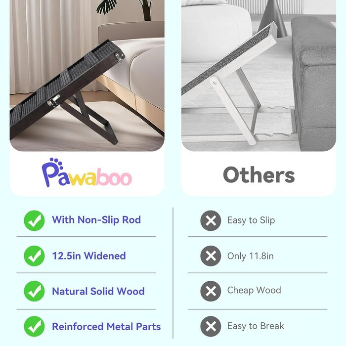Pawaboo Рампа для собак, дерев'яна, регульована висота, 11.6'-22.4', для маленьких та середніх собак до 65 кг, протиковзка, для авто, ліжка, дивану (80x30 см, чорна)