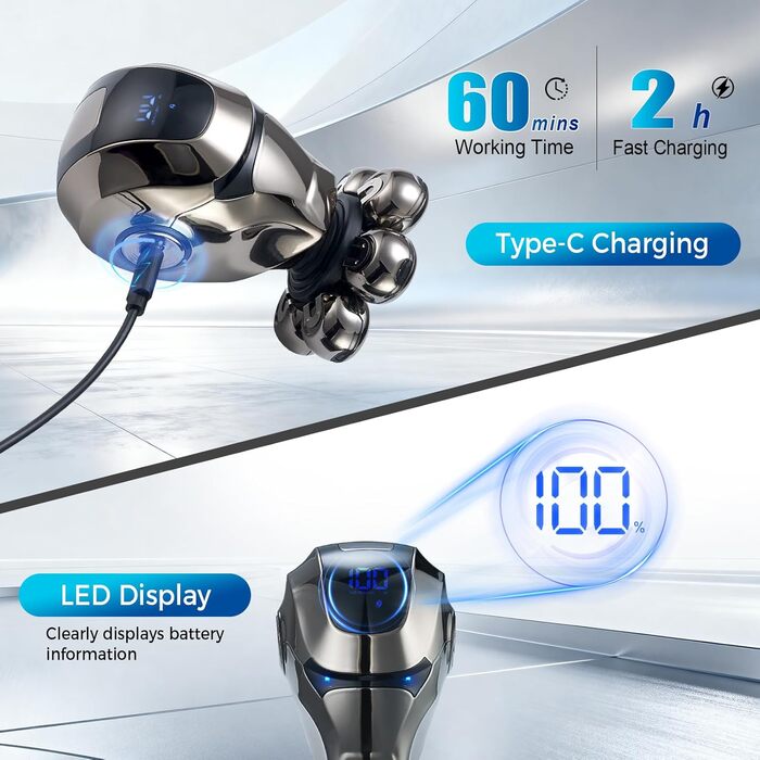 Машинка для гоління голови OSDUE чоловіча, водонепроникна, акумуляторна Type-C, для гладкої голови, магнітна, легка в очищенні, 60 хв роботи