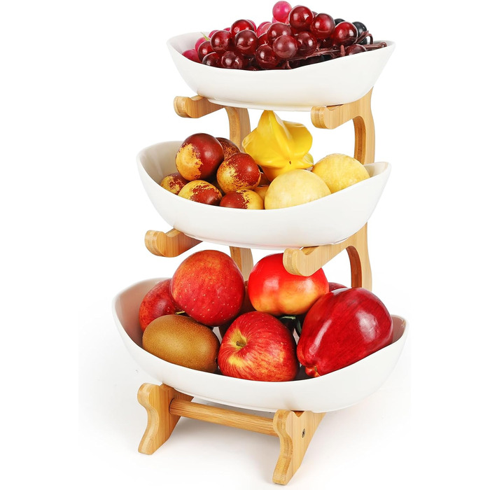 Керамічна етажерка для фруктів Diealles з 3 ярусами, бамбуковий підставник, для сім'ї, стабільна, сумісна з овочами та снеками