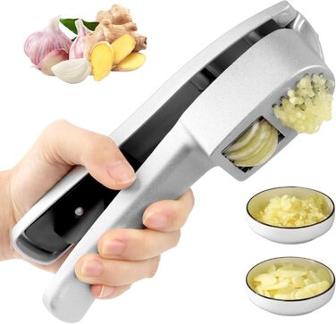 Прес для часнику з нержавіючої сталі 2-в-1, подрібнювач та шинковка часнику та імбиру, прес для часнику, ручний, легкий у чищенні, сумісний з посудомийною машиною, міцний, срібний