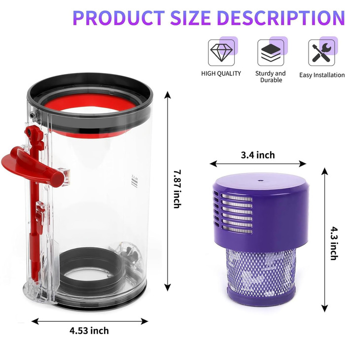 Transparent Dust Collector Bin for Dyson V11, V15, SV14, SV15, SV22 - HEPA Filter Included, Replacement Part & Accessory for Dyson Vacuum Cleaners