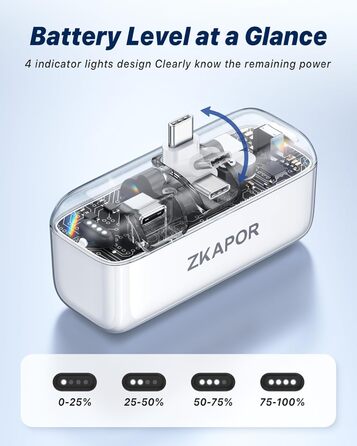 Портативний Power Bank ZKAPOR 5000mAh з USB-C, 20W PD, білий. Швидка зарядка для iPhone, Galaxy та USB-C телефонів