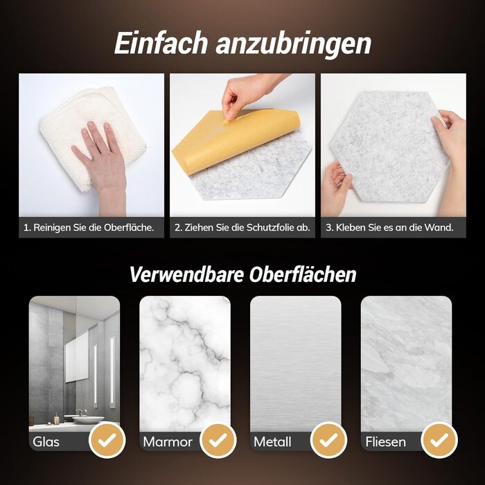 Акустичні гексагональні панелі TONOR самоклеючі, звукопоглинаючі шестигранні плитки для шумоізоляції стін (48 шт, сірі), 30x26x1 см для студії, офісу та геймінг-зони