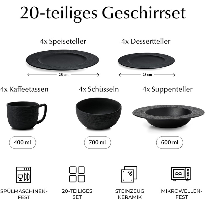 MIAMIO Набір посуду 16 предметів Oasis (Чорний) - Сучасний керамічний сервіз для 4 осіб