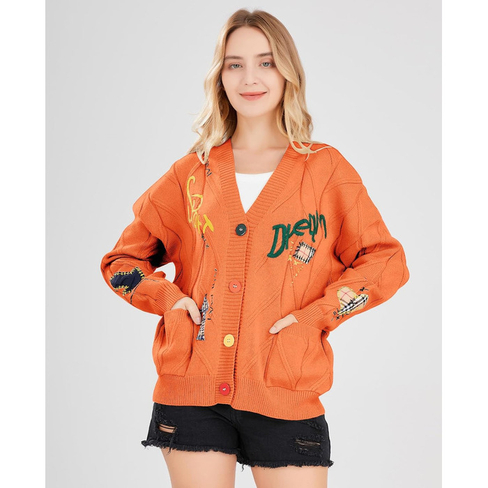 В'язана жилетка Daen з косами, довгі рукави, відкрита спереду, V-подібний виріз, застібка на ґудзики, вишивка, вовняна суміш, Пуловер, Куртка, Одяг для активного відпочинку (XXL, Помаранчевий/Бурштиновий у зигзагоподібному візерунку (Sunset Chevron))