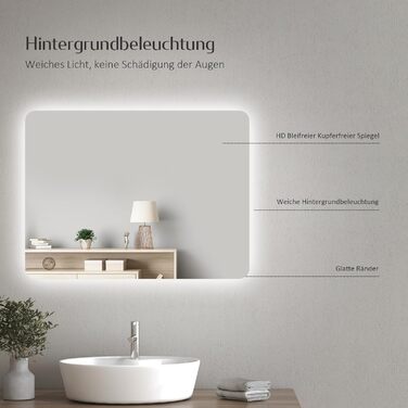 Дзеркало для ванної кімнати EMKE з підсвічуванням 50x70 см, запобігання запотіванню, 3 кольори світла, регулювання яскравості, сенсорне управління, функція пам'яті та автоматичне вимкнення через 3 години, ідеально для ванної кімнати (60 x 40 см)