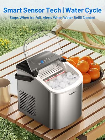 Машина для приготування льоду VINATO, компактна, 9 кубиків за 6-8 хвилин, портативна, продуктивність 12 кг/24 год, тиха робота, з лопаткою та кошиком для кухні, офісу, бару та вечірки, срібна