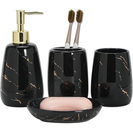 Bathroom Accessory Set, 4-Piece, Black Bathroom Accessory Set, complete with toothbrush holder, toothbrush cup, soap dispenser, soap dish, classic black with gold marble design