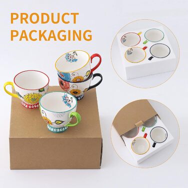 superyes Large Coffee Cup Set, 4 Pieces, Coffee Cup Set for Tea, Milk, Latte, Cappuccino, Cereal, Hot Chocolate, Soup, Gift for Friend, Family (Red-Yellow-Green, 425 ml x 4 Pieces)