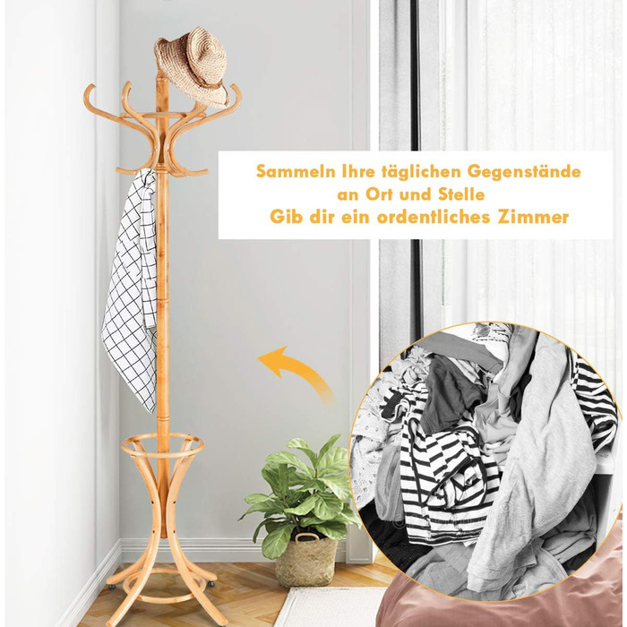COSTWAY 184cm Wardrobe Rack with Umbrella Holder, Coat Rack with 12 Clothes Hooks, Clothes Rack made of Wood, Freestanding Wardrobe for Entryway, Living Room, and Bedroom (Natural)