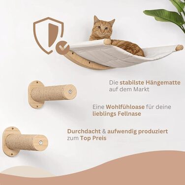 AZANO® Cat Wall | Cat Hammock XL [Extra Stable and Large] with Cat Ladder for the Wall | Cat Ladder with Sleeping Place | Climbing Cat Bed made of Natural Wood | 3-Piece (with Scratching Posts)