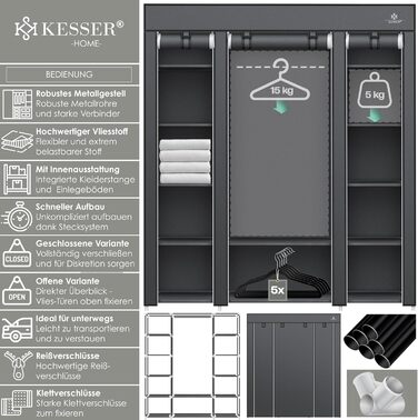 KESSER® Wardrobe Fabric Closet, Stable with Clothes Rail & Shelves, Incl. 5x Clothes Hangers, Fabric Folding Closet for Bedroom, Dressing Room Wardrobe with Clothes Rack 150x45x175cm Anthracite