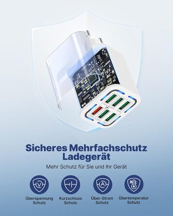 Зарядний пристрій USB 6-портовий, 33W, адаптер з QC 3.0, багатопортовий зарядний пристрій, мережевий адаптер для iPhone 16 15 14 13 12 11 Pro Max, iPad, мобільний телефон, білий