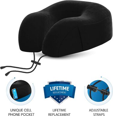 Подушка для шиї Everlasting Comfort з піною з пам'яті – комфортна підтримка для подорожей літаком, автомобілем або поїздом – набір для подорожей з навушниками, маскою для сну та сумкою (Чорний)