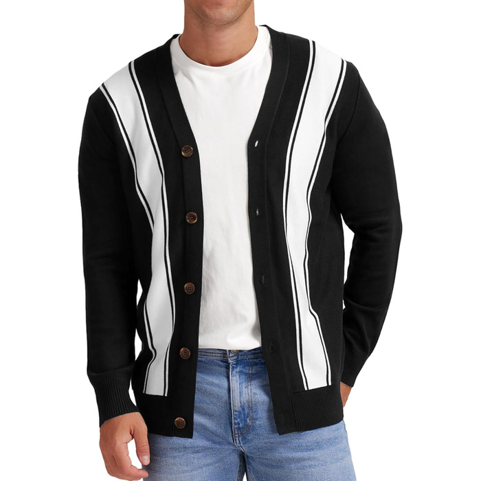 Чоловічий в'язаний кардиган вінтажний з ґудзиками, V-подібний виріз, легкий для осені/зими (смугастий чорно-білий, M)