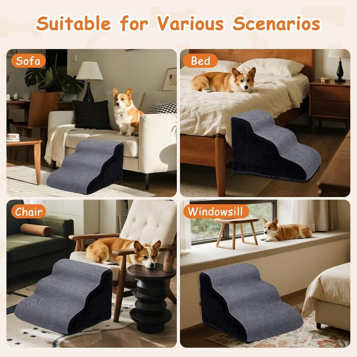 Сходинка для собак Nobleza – 3 сходинки, сіра, 35x56x40 см, для маленьких собак, з миючим покриттям та протиковзким дном