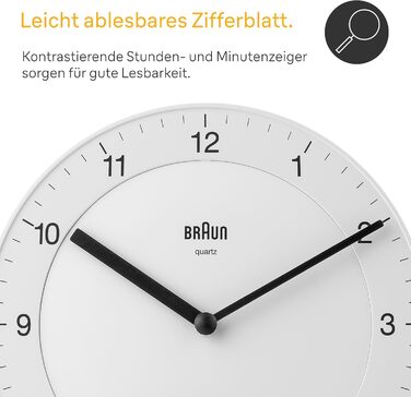 Braun Classic analog wall clock with a quiet quartz movement, easy-to-read dial with a 20 cm diameter in white, model BC06W.