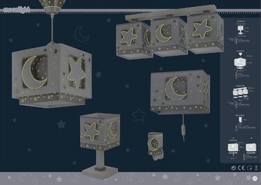 Ceiling Lamp for Kids' Room, Pendant Light, Hanging Lamp, Ceiling Light for Children, Moon and Stars Gray MoonLight, 63232E, E27