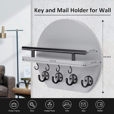 Настінна вішалка для ключів Nekon з полицею та 8 гачками, 24.8 см, сірий колір, декор для дому