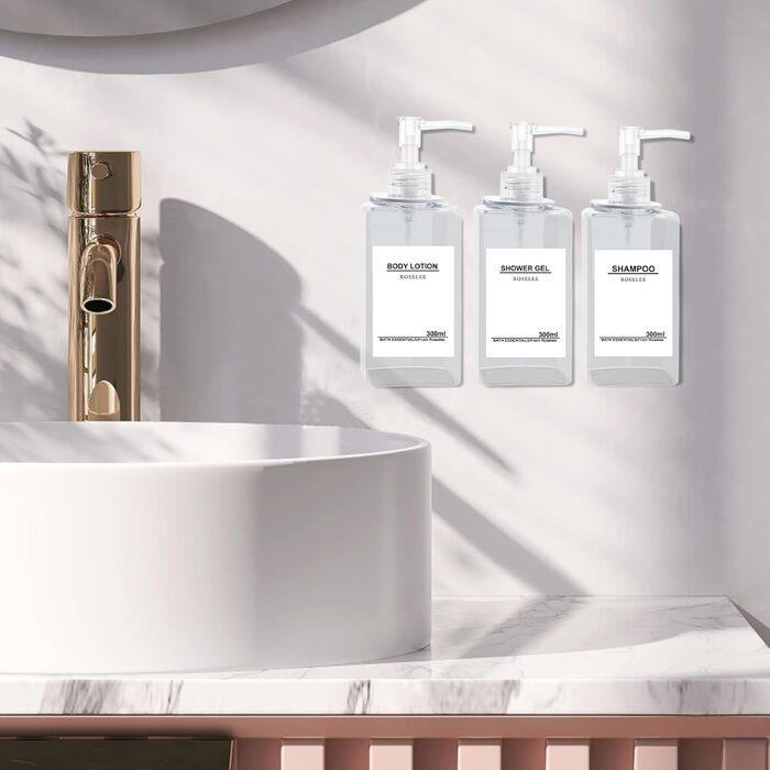 Настінний диспенсер для мила Roselee (3 шт.) - 500 мл, для душу, шампуню, пінського ванни. Без свердління, з етикеткою, підходить для ванної кімнати та кухні (прозорий)