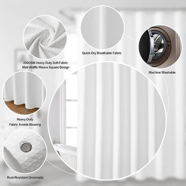 Драпіруваний душовий завіс: великий, білий, з текстурою вафельного плетіння, з тканини, міцний, готельний, для ванної кімнати, 183x244 см