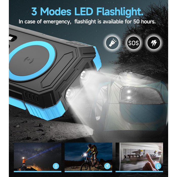 Портативний зарядний пристрій Solar Powerbank 56800mAh з бездротовою зарядкою, 30W PD, 6 виходів, ліхтарик, для кемпінгу та подорожей (Синій)