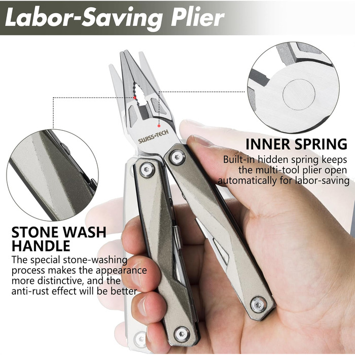 Мультитул Swiss+Tech 16-в-1: мультиінструмент з нержавіючої сталі з ножем, пилкою, ножицями, відкривачкою для пляшок, для кемпінгу, відпочинку на природі, ремонту, з чохлом, вінтажний зелений (ретро-сірий)