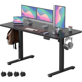 VOSATRON Electric Height Adjustable Desk 160x60cm - Standing Desk with Memory Control & Anti-Collision Technology, Wheels, Joining Board, Black Frame/Black Tabletop