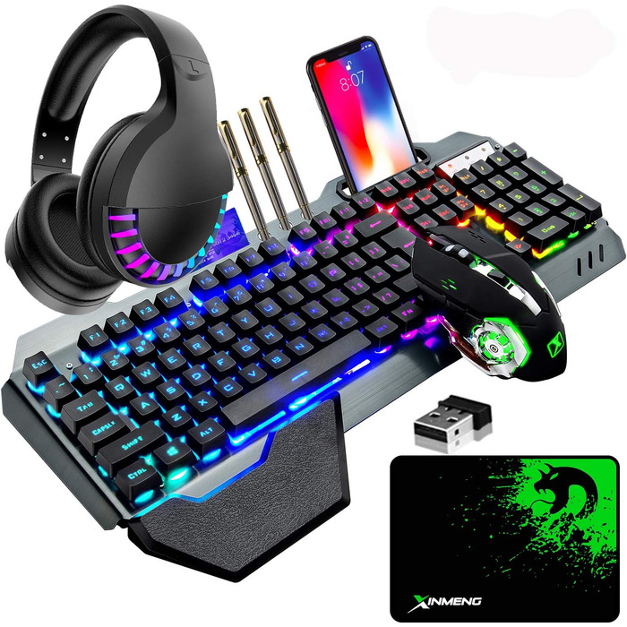 Набір бездротової клавіатури, миші та гарнітури для геймінгу, 4 в 1, RGB підсвічування, клавіатура з підставкою для зап'ястя, миша та Bluetooth-гарнітура