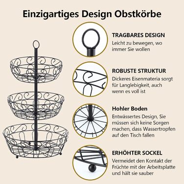 Металева етажерка для фруктів Stöckig 3 яруси - кошик для зберігання фруктів, чорний, для кухні, вітальні, офісу