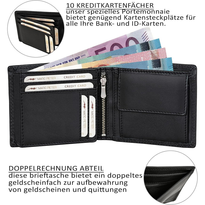 Marc Peter® Genuine Leather Wallet Hanover | Wallet for Men with RFID Protection | Large 10 Compartment Card Holder | Black Nappa Wallet
