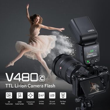 Спалах для камери Godox V480C з TTL, сенсорним екраном та регульованою головкою, GN50, HSS 1/8000s, 650 спахів, час перезарядки 1.7 сек (для Fujifilm та Canon)