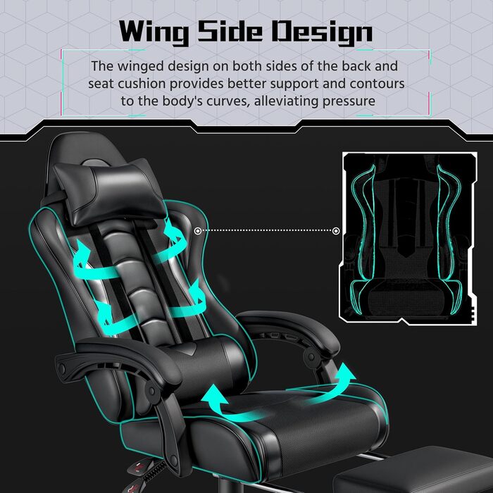 Ігрове крісло Yaheetech Ergonomic Gaming Chair з функцією масажу, підставкою для ніг та регулюванням спинки 90-135°, офісне крісло для геймерів та дому, чорне
