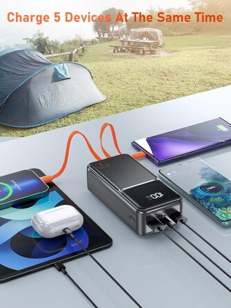 Power Bank 50000mAh з кабелем, швидка зарядка USB-C PD20W/QC22.5W, LED-індикатор, 2 входи/5 виходів, для телефонів, планшетів, подорожей, кемпінгу - Чорний