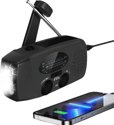 Радіо на сонячній батареї з ручним приводом, USB-зарядкою, NOAA, AM/FM, динамо-ліхтарик, SOS-сигналом, для дому та кемпінгу, портативне та перезаряджуване, широка діапазон прийому