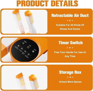 Електричний сушильник для взуття та рукавичок: телескопічний, з таймером, для взуття, черевиків, гірськолижних черевиків (помаранчевий)