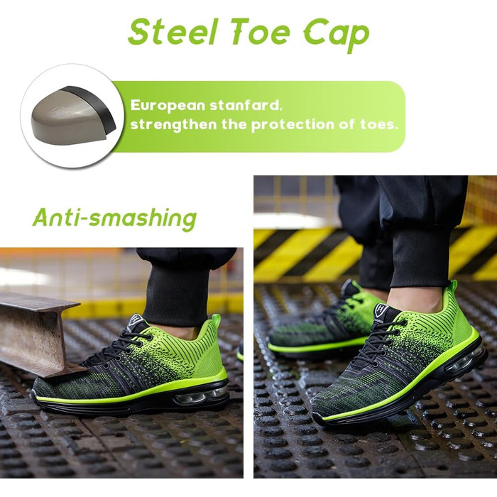Легкі робочі черевики для чоловіків та жінок. Безпечні, неслизькі, спортивного стилю, зі сталевим підноском. Дихаючі, робочі черевики (42 EU, Зелений)