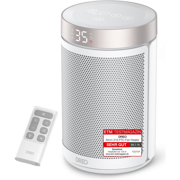 Електричний обігрівач Dreo Atom 316: тихий, 1500W, PTC кераміка, термостат, захист від перегріву та перекидання, таймер 12 годин | Обігрівач для спальні та кімнати