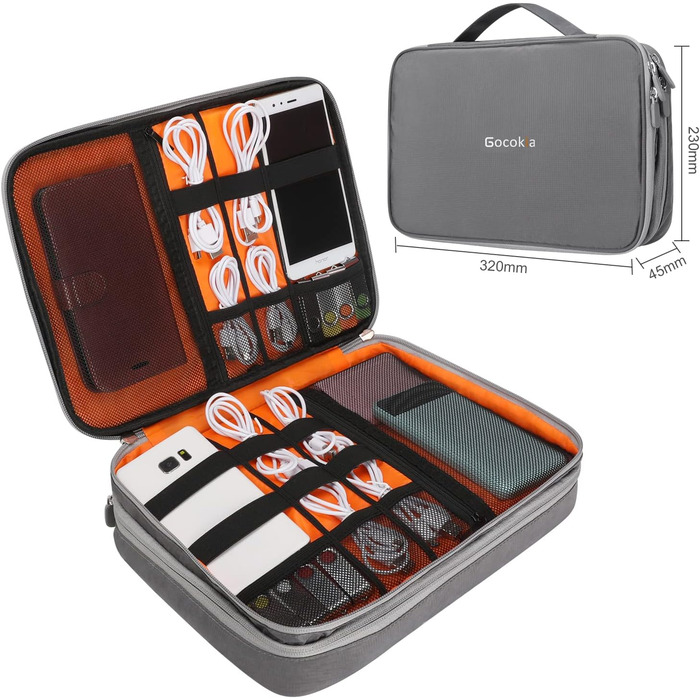 Gocokia Double Layer Travel Electronic Accessories Organizer, Large Capacity Handbag, Cable Organizer, Waterproof Carry Bag for 11.6 Inch Laptop, Tablet