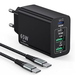 Зарядний пристрій USB-C 65W з кабелем, GaN 4-порти, швидка зарядка для MacBook, iPad, iPhone 15/16 Pro Max, Samsung Galaxy S23/S24 (2м USB-C - USB-C, чорний)