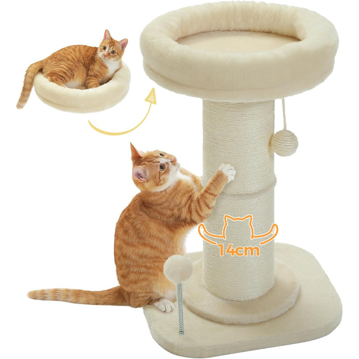 PAWZ Road Cat Tree, Tall Cat Scratching Post for Indoor Cats with Super Thick Scratching Post [Dia=14cm], Detachable Fluffy Cat Bed, Cat Scratching Post with Feather Ball, Beige