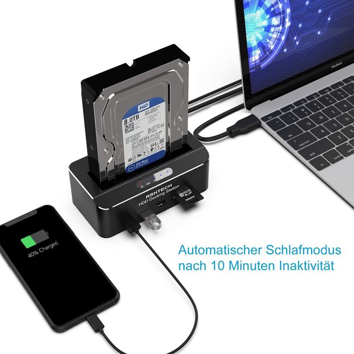 Док-станція для жорстких дисків RSHTECH з двома відсіками, USB 3.0, алюміній, підтримка 2.5/3.5