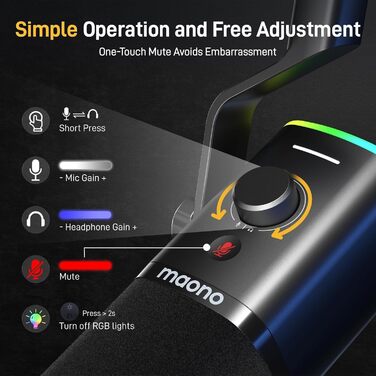MAONO PD100XS Чорний XLR-USB Мікрофон для Стрімінгу та Запису: Динамічний мікрофон з регулюванням посилення, безшумна кнопка, для подкастів, ігор, YouTube, PS4/5, Mac