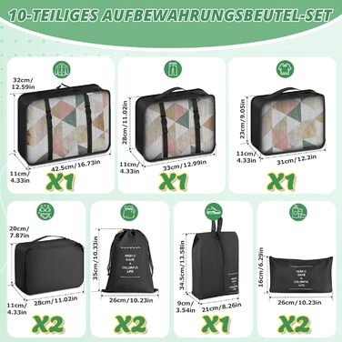 Органайзер для валізи, набір 10 шт: пакувальні куби, водонепроникні мішки для одягу, взуття, косметики, аксесуарів. Чорний колір.