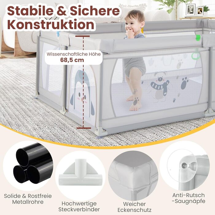 DREAMADE 200 x 140 cm Baby Playpen, Playard with 50 Balls & Carry Bag, Crawling Gate for Indoor & Outdoor Use (Grey-Penguin, without mattress) Grey-Penguin without mattress